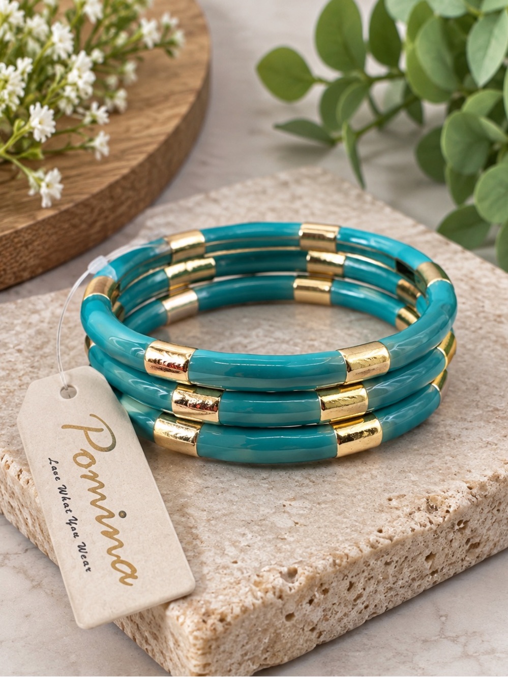 Pomina Turquoise & Gold-Tone 3-Piece Bangle Bracelet Set (BR 777/2)